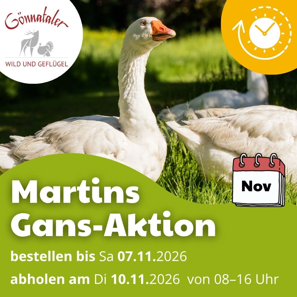 Werbegrafik zur Martinsgans-Aktion von Görnataler Wild und Geflügel mit weißer Gans sowie Bestellfrist bis 7. November und Abholung am 10. November 2026.